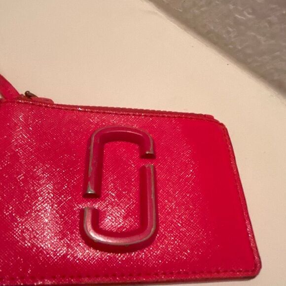 Marc Jacobs Keychain Cardholder Zip Top Wallet Red Leather Logo Front - Picture 3 of 12